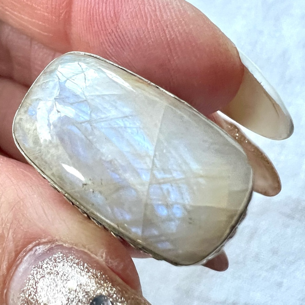 925 *flaw* Blue Flash PEACH MOONSTONE Ring 7.5 - Picture 7 of 12
